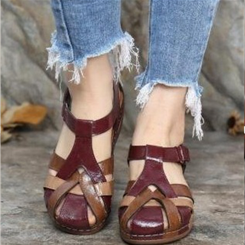 Foreign Trade Large Size 2021 Summer New European and American Retro Round Toe Wedge Women's Roman Shoes Cross Buckle Women's Sandals
