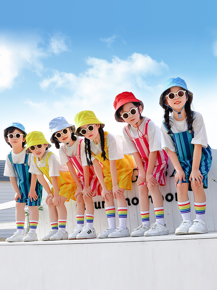 Kindergarten Recitation Chorus Performance Clothing Group Dance Cute Colorfulful Overalls Kidsren's Cheerleading Performance Clothing Summer