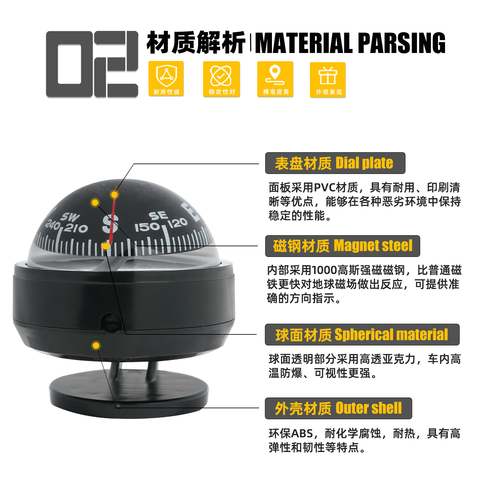 Factory production LC500 black adjustable magnetic declination car ball car Compass Car in stock