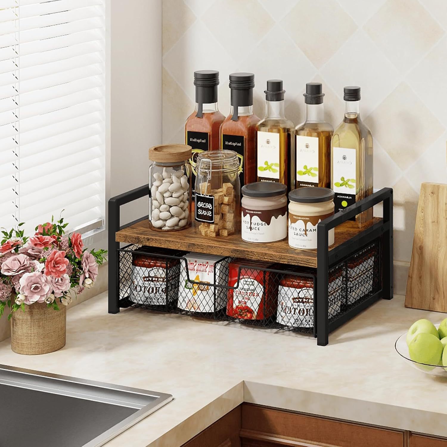 Retro Wood Grain Double-Layer Desktop Storage Rack Iron Mesh Multi-Grid Storage Basket Coffee Bag Tea Bag Tea Table Storage Rack