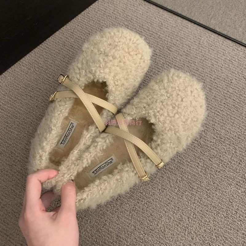 Mary Jane Fur Shoes for Women's Autumn and Winter Outer Wear 2025 New Versatile Pregnant Women's Soft-Soled Bean Shoes Fleece-Lined Cotton Scoop Shoes