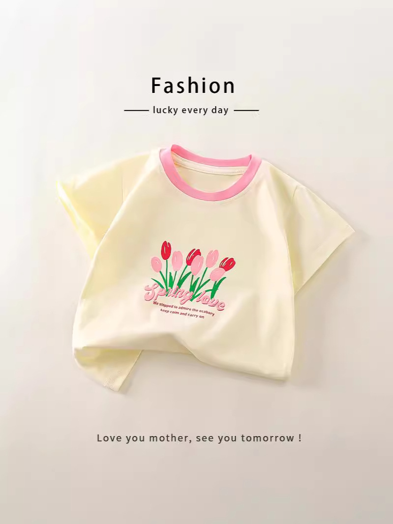 Children's Short-Sleeved Pure Cotton Summer New Style 25 Baby Girl Short-Sleeved T-Shirt Cartoon Girl Short-Sleeved Sweet Single Top Kidsren's Clothing