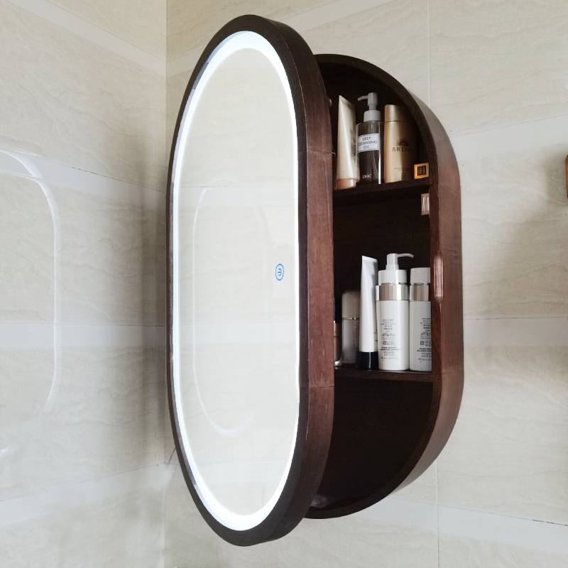 Round bathroom mirror cabinet with light solid wood smart mirror box anti-fog storage bathroom makeup wall hanging round mirror wall-mounted