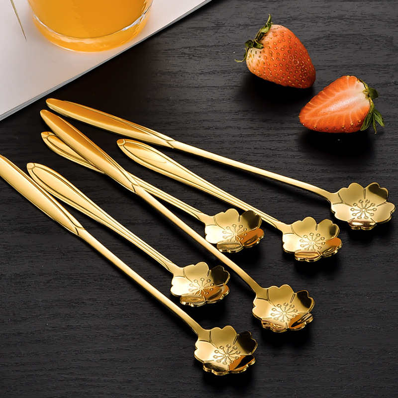 Golden stainless steel cherry blossom spoon coffee spoon dessert spoon mixing spoon mug with hand gift glass cup spoon wholesale