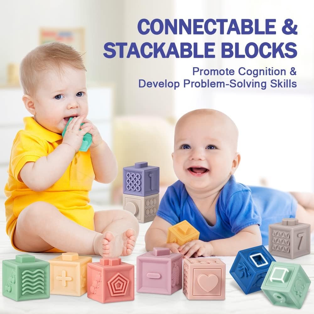 Cross-Border Vinyl Chewable Ball, Squeeze and Squeak Baby Early Education Educational Stacking Soft Rubber Building Block Set Toy