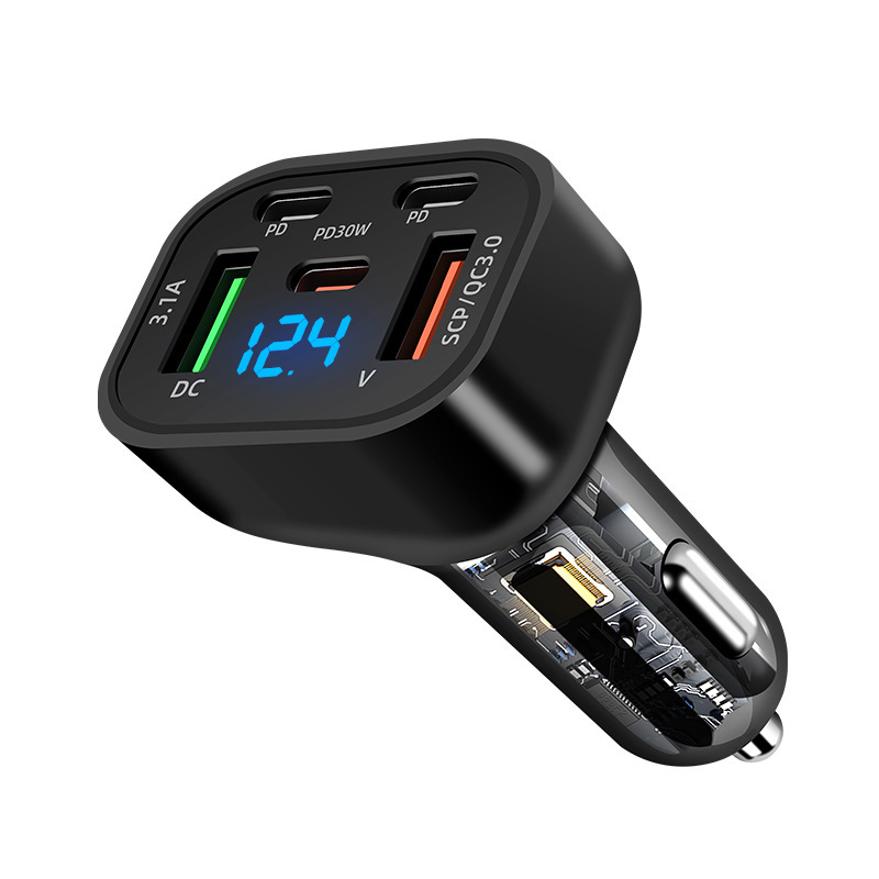 Cross-Border Digital Display Car Charger Super Fast Charging Head Five-Port Pd Flash Charging Suitable for Android and Apple High-Power Car Charger