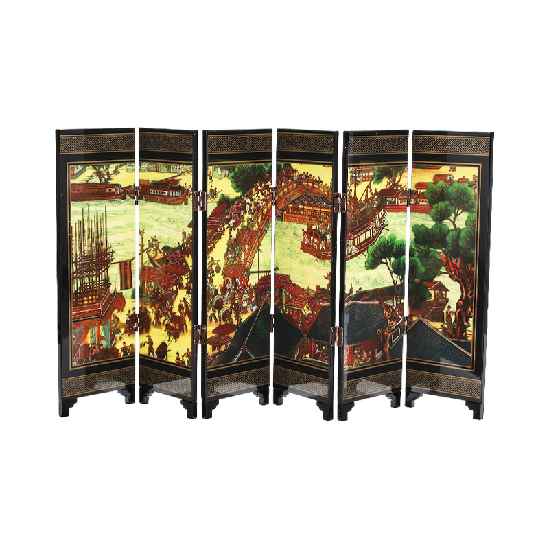 Chinese characteristic lacquerware small screen 6 fans Qingming River map Foreign Affairs Conference gift decoration souvenir