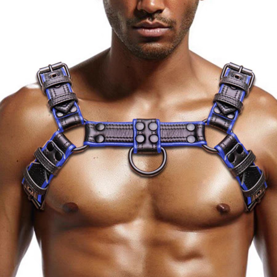 Amazon Specializes in Blue and Black Classy Leather with Air Holes, Double Eyelets, Sexy Chest Straps for Men, and Restraints