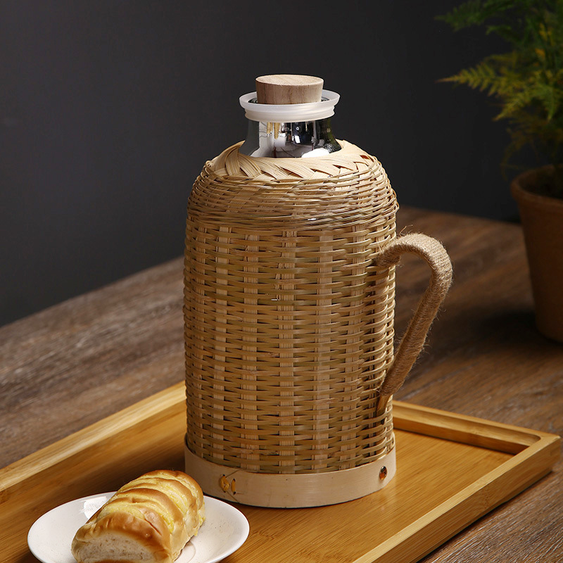 Hot Water Bottle Bamboo Woven Household Handmade Traditional Wooden Stopper Kettle Tea Room Office Thermos Glass Liner Hot Water Bottle