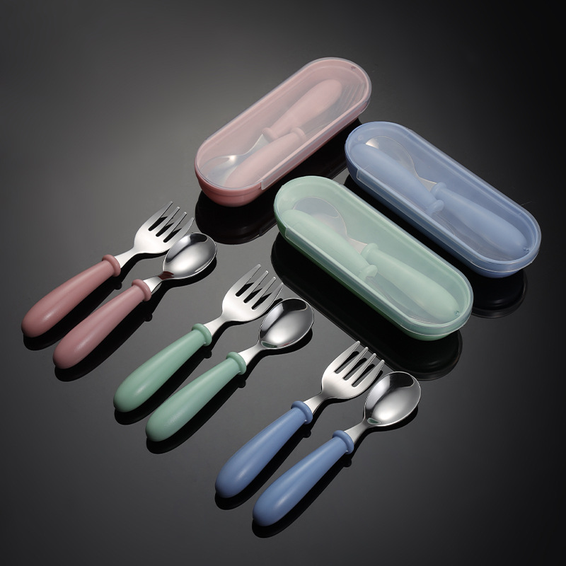 Customized 304 Stainless Steel Children's Fork Spoon with Storage Box Colorful Color Mother Kids Gift Outdoor Portable Tableware