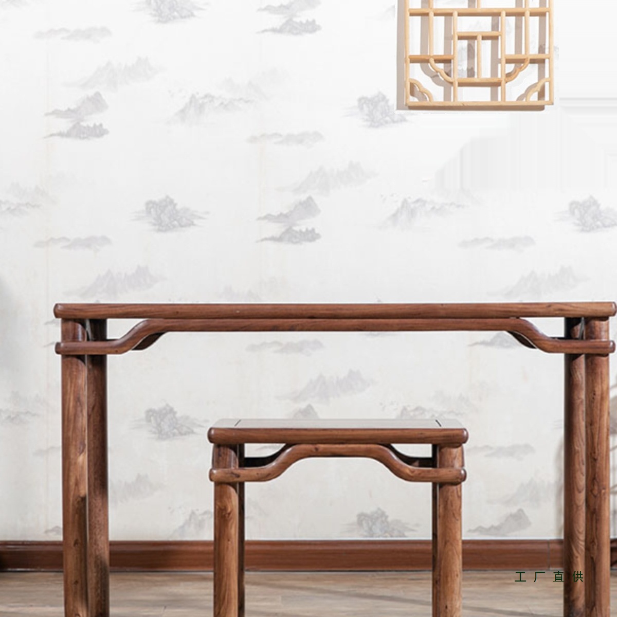 Classic Ming-Style Elm Guqin Table and Stool, Ro锅霸王杖, Rubbed with Raw Lacquer, Mortise and Tenon Integrated Solid Wood Table, Yangzhou Guqin