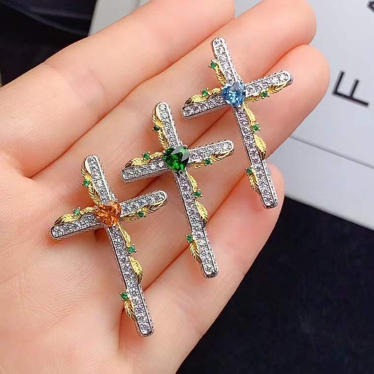 Брошь-подвеска из серебра 925 пробы с инкрустацией топазом, диопсидом и цитрином, доступная роскошь, нишевая мода