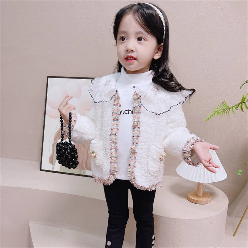 Куртка для девочек в стиле Шанель с воротником-куколкой и флисовой подкладкой, утолщенная 2025 Зимняя новая корейская версия модного пальто для детей