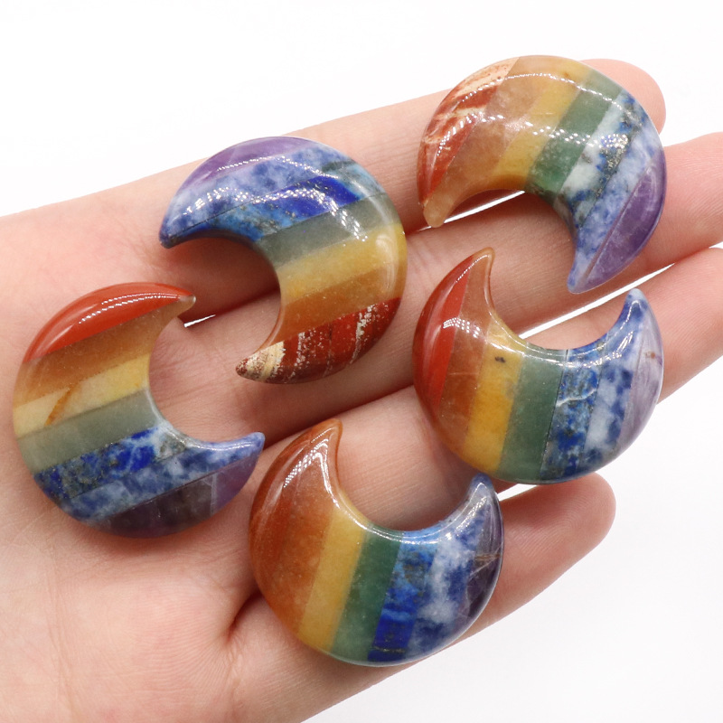 1223-Colorful Stone Moon Natural Crystal Stone Spliced ​​30Mm Moon Chakra Stone Small Ornaments Wholesale