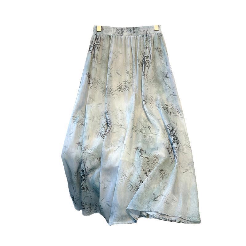 [1711 People Collected] Large Size New Chinoiserie Chinese Style Ink Painting Half-Length Skirt for Women Summer Fat mm High Waist Acetate