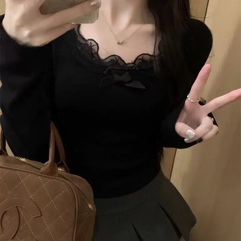 714 # Early Autumn New Sweet Brushed Lace Bow Lace Warm Long-Sleeved T-Shirt Slim Fit Fixed with Chest Pad