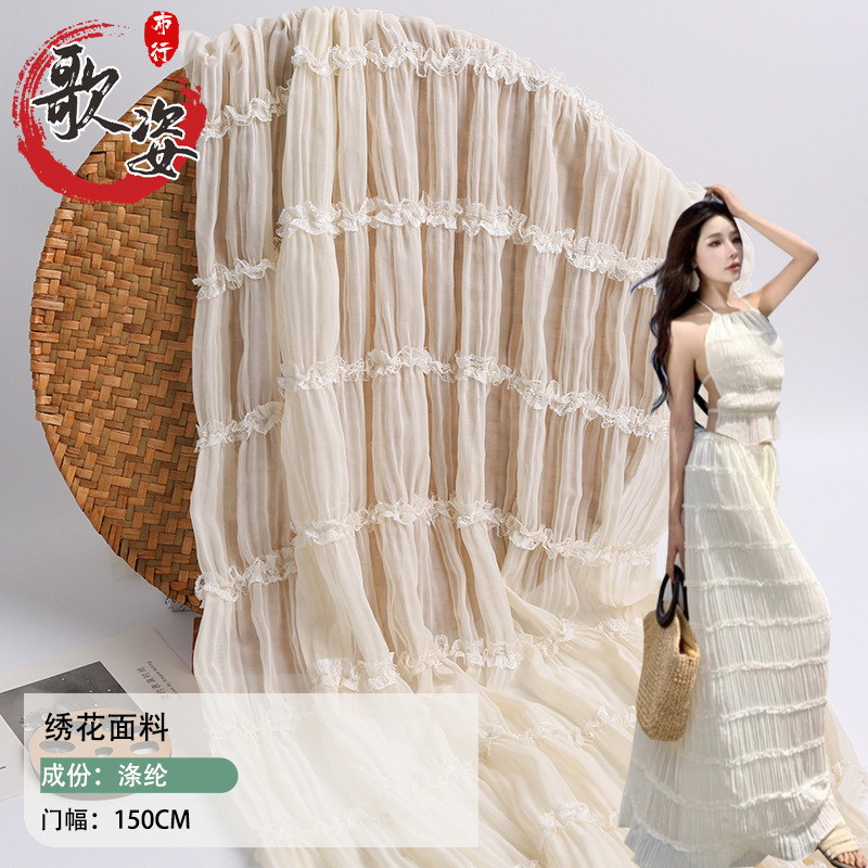 Весенне-летняя полосатая растягивающаяся плиссированная шифоновая вышитая ткань для женского платья, ткань с вышивкой для свадебного платья