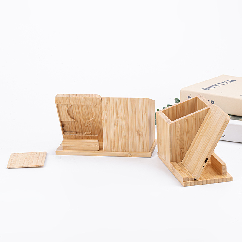 Cross-Border Hot-Selling Gift Customized Bamboo Pen Holder Wireless Charger Desktop Office Business Card Holder Wireless Charger