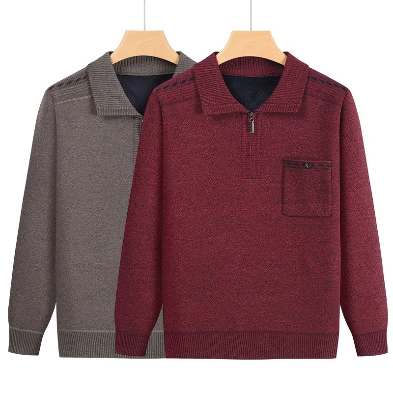 Source Factory Dad Winter Knitwear Men's Middle-Aged and Elderly Sweaters Fleece-Lined Thickeneded Bottoming Top with Flap Pocket Pantss