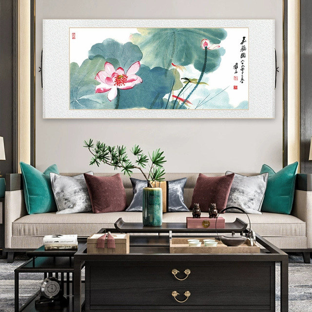 Famous Fresh Lotus Painting Chinese Painting Chinese Style Living Room Decoration Scroll Hanging Painting Office Study Tea Room Mural