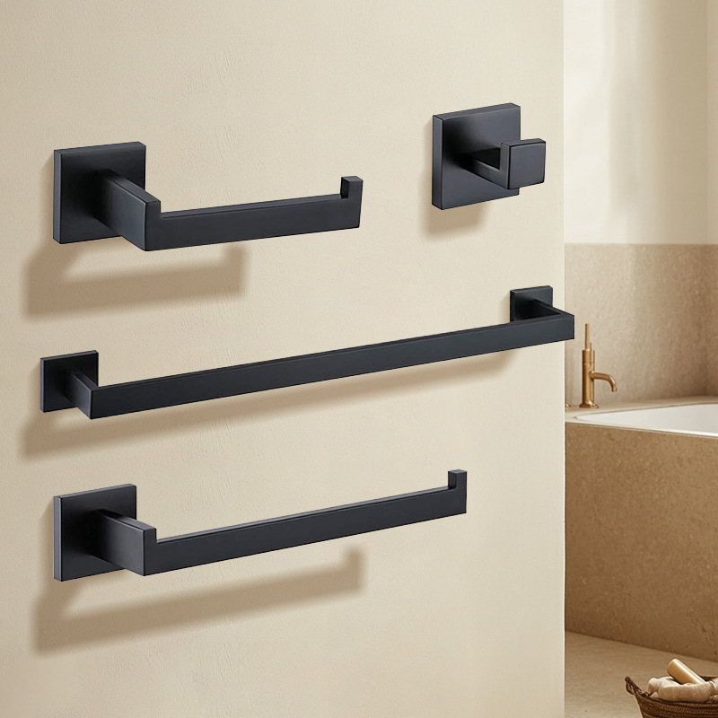 Cross-Border Stainless Steel Bathroom Storage Rack Five-Piece Set Towel Paper Towel Pendant Hook Square Storage Rack Set