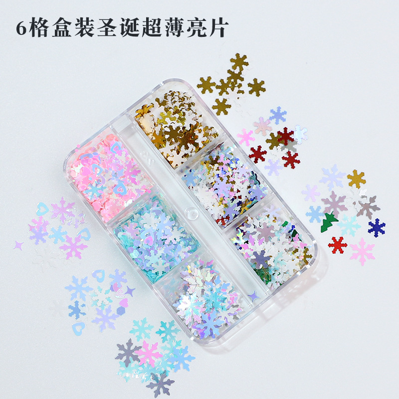 Cross-Border New 6-Grid Boxed Ultra-Thin Christmas Snowflake Christmas Nail Art Sequins White Snowflake Christmas Glitter