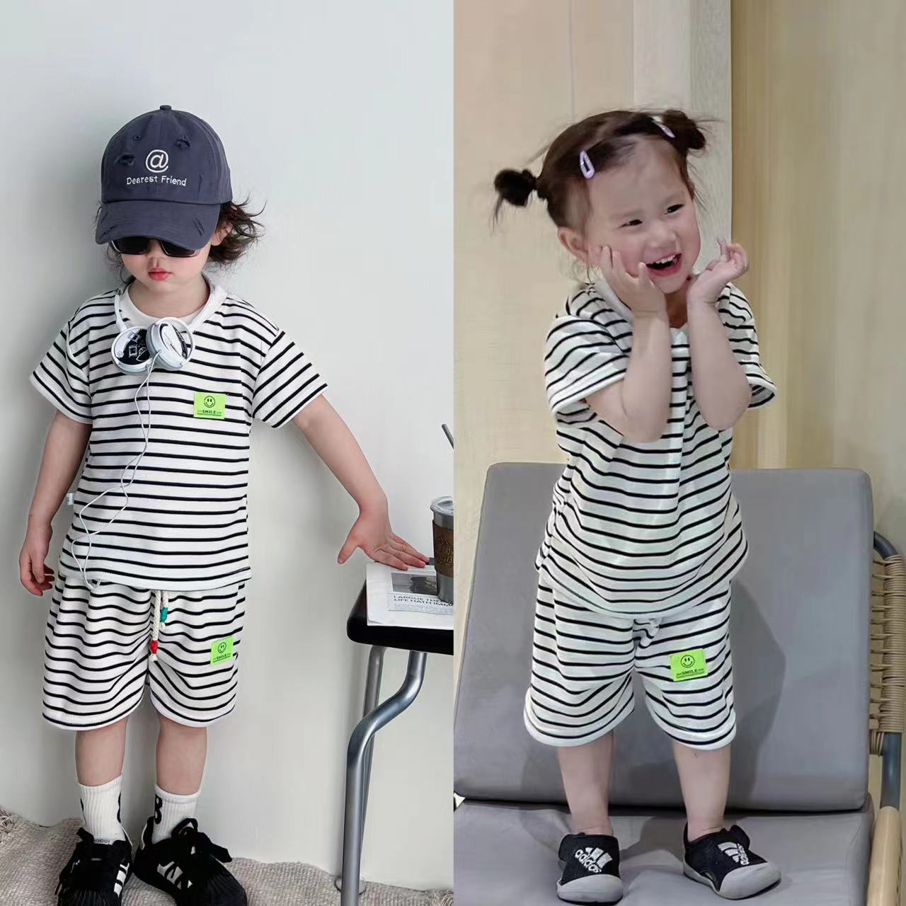 Children's Summer Western Style Striped Casual Fashion Suit Summer Fashionable New Korean Style Baby Short Sleeve Shorts Two-piece Set