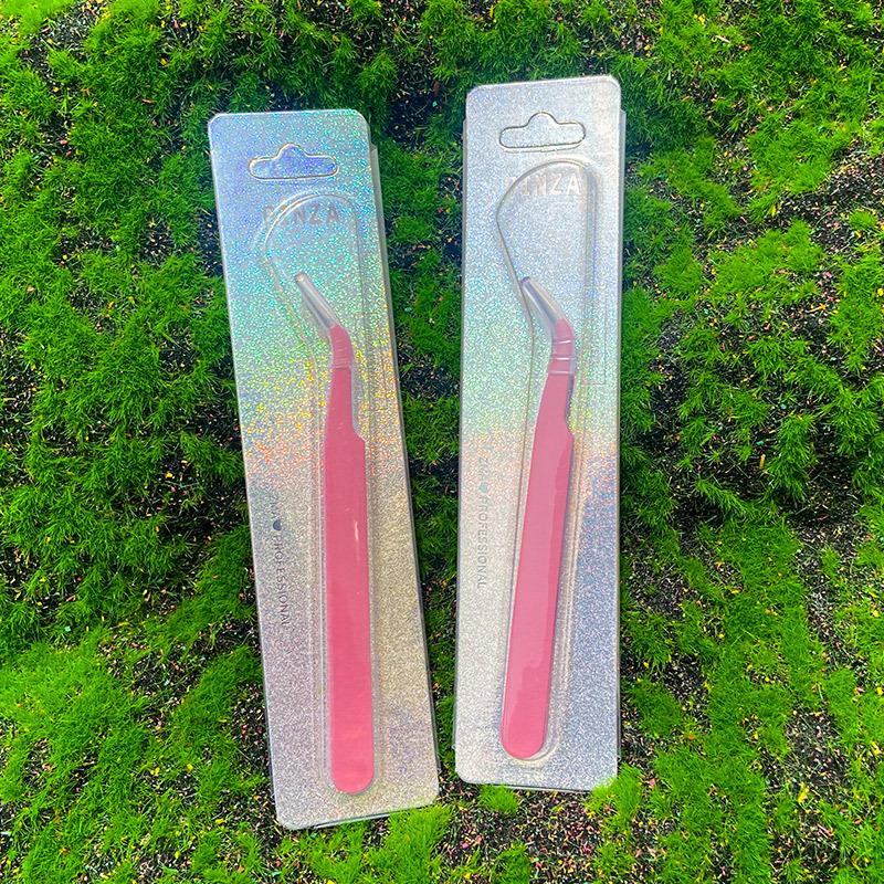 False Eyelash Tweezers Stainless Steel Gold Feather Clip Thick Pink Eyelash Elbow Tweezers Cardboard Packaging
