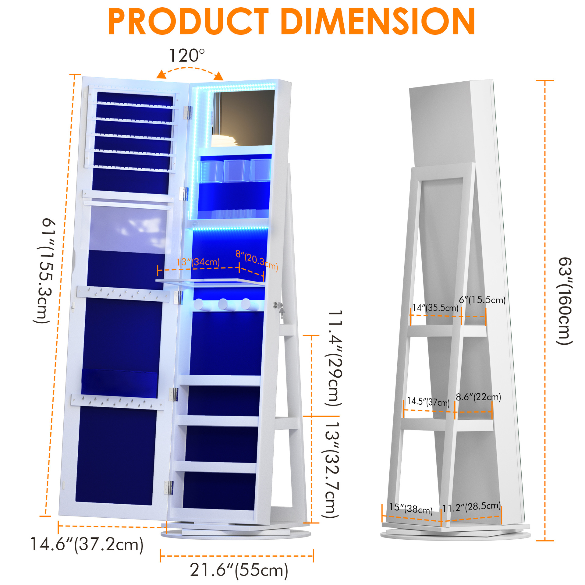 360 ° rotating jewelry wardrobe, large capacity LED jewelry cabinet, lockable jewelry mirror cabinet and storage rack