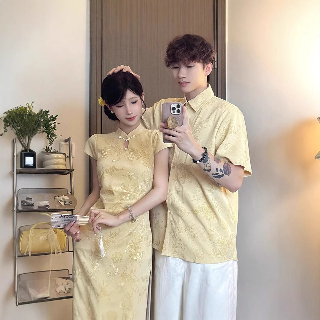 Новая китайская одежда для пар на лето, универсальный, улучшенная талия, высококачественное платье с разрезом и рубашка