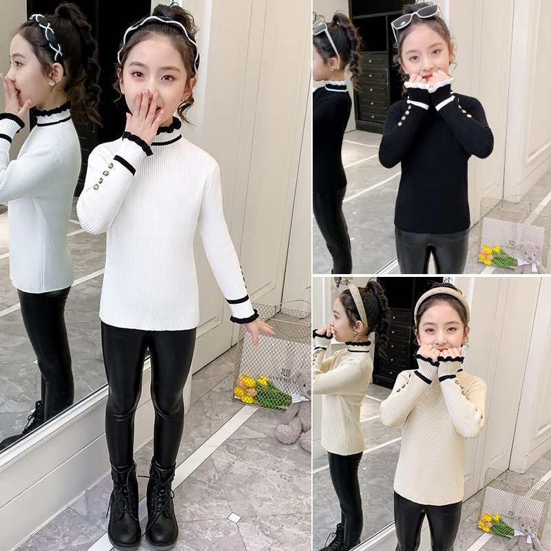 Girls' Sweater 2023 New Autumn and Winter Korean Style One-piece Velvet Children's Base Shirt Velvet Thickened Top Knitted Shirt