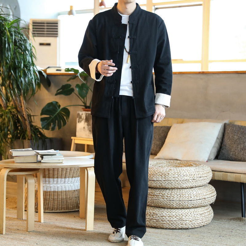 Трехкомпонентный костюм тан, традиционная одежда для мужчин, тайцзи, костюм для средних и пожилых, монашеская одежда с пряжками, тонкий средний стиль