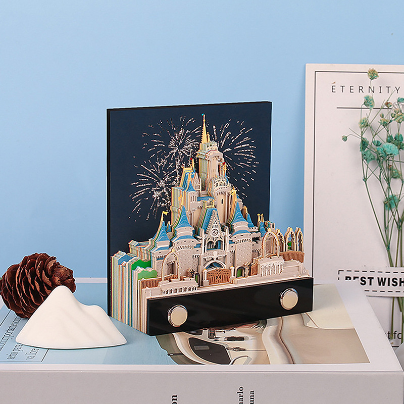 Creative Gift Paper Carving Model Home Decoration Desktop Ornaments Cinderella Castle with Light 3D Stereo Note Pad