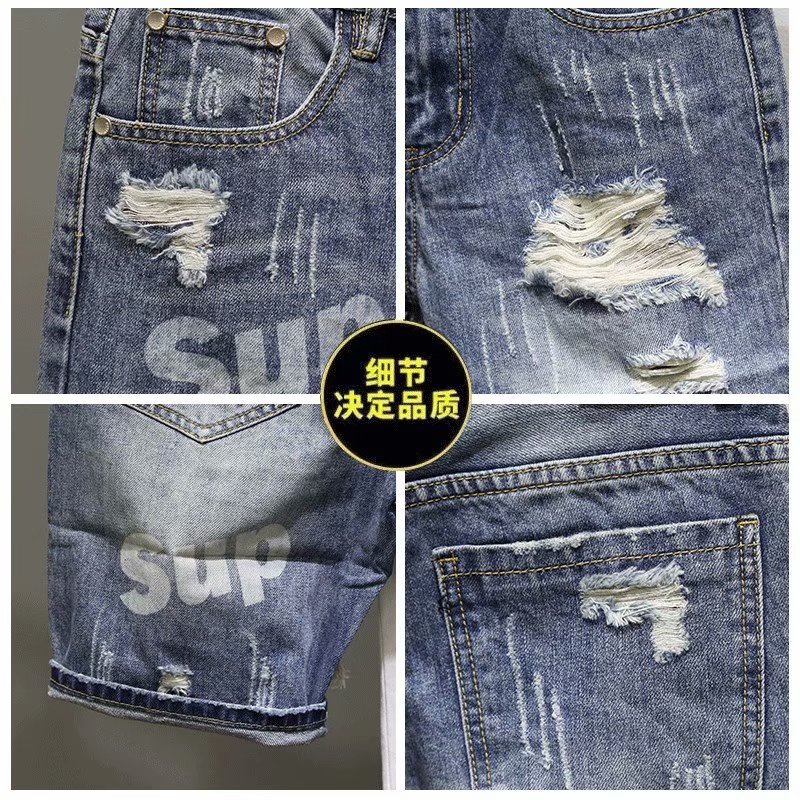 Summer Internet Celebrant Men's Denim Shorts with Hole Trendy Brand Distinctive Print Slim-fit Spiritual All-match Five-point Pants for Young Men