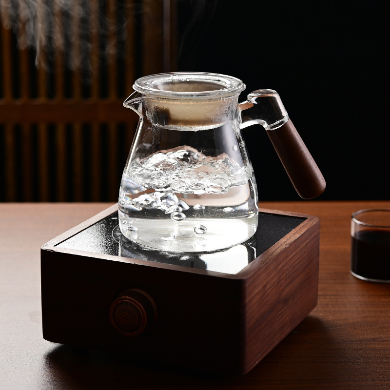High Borosilicate Glass Hand Coffee Pot Side Wooden Handle Large Capacity Sharing Pot Electric Ceramic Stove Heating Moka Pot