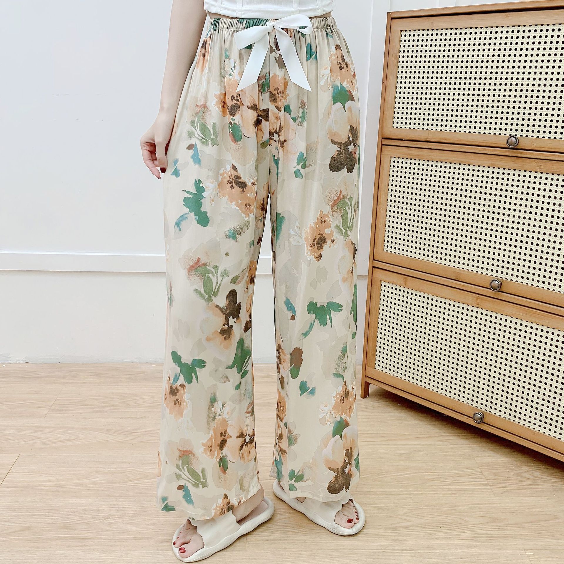 Cotton Silk Pajama Pants Women's Summer New Internet Red Pants Artificial Cotton Thin Casual Pants Outwear Floral plus size Home Pants