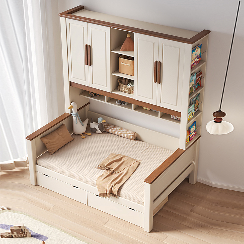 All Solid Wood Wardrobe Bed Integrated Small Apartment Children's Bookshelf Bed Cherry Wood Multi-Functional Storage Tatami Combination Bed