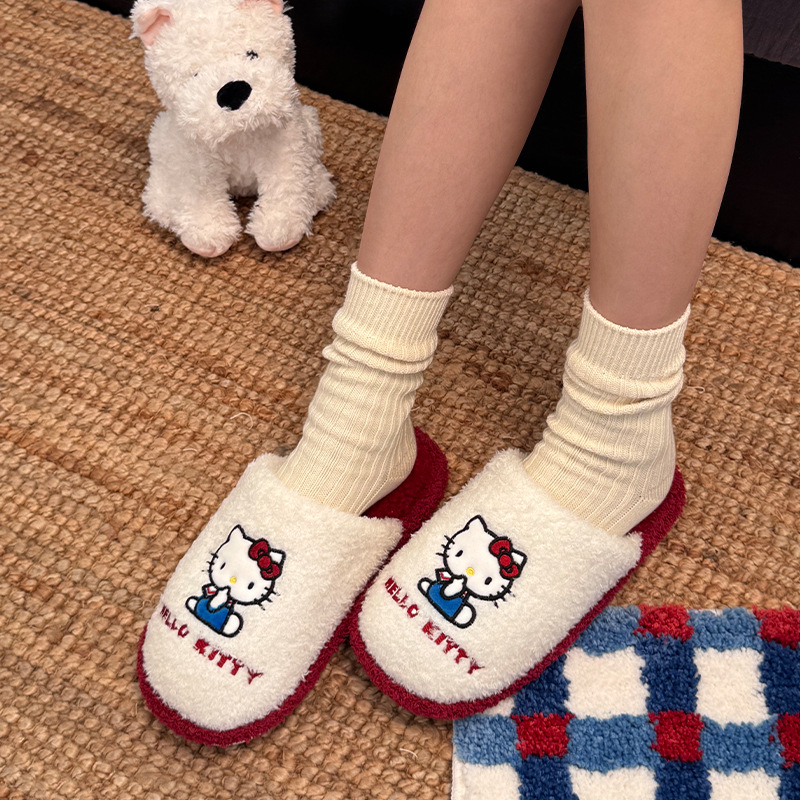 Authentic Kitty Cotton Slippers for Women Winter Indoor Household Non-Slip Warm Fleece-Lined Cartoon Sanrio Furry Slippers