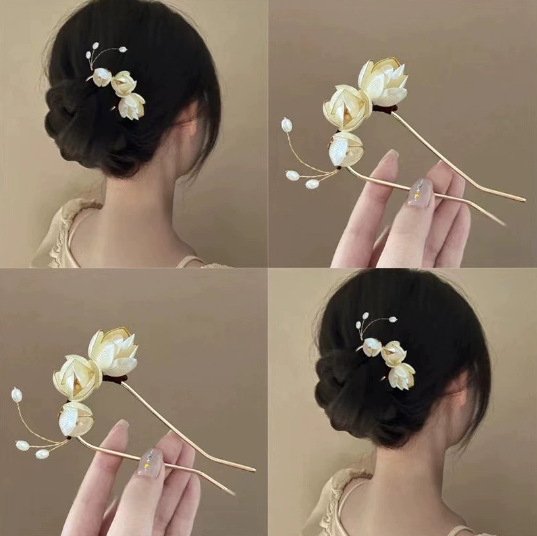 Magnolia Flower U-Shaped Hairpin Wrapped Flower Hairpin Flower Headdress New Chinoiserie Cheongsam Hair Fork Hairpin Ball Head Hair Artifact