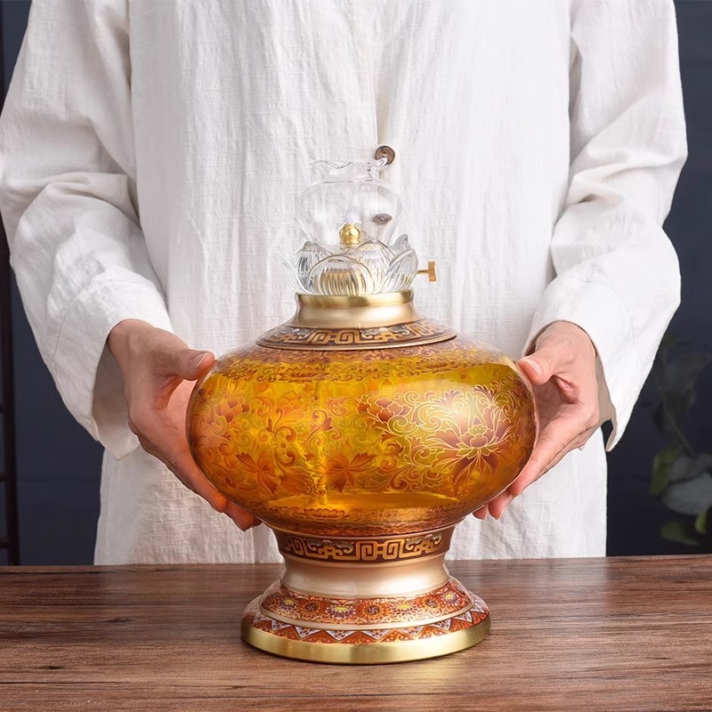 New dimmable copper butter lamp household Buddha lamp Buddha front lamp long bright lamp holder glass windproof Buddha oil lamp