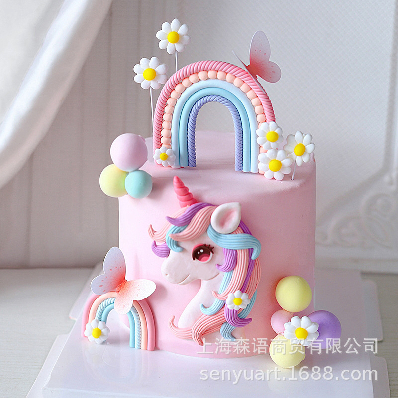 Baking Cake Decoration Girly Heart Fantasy Pink Blue Rainbow Fantasy Unicorn Clouds Butterfly Children's Birthday Plug-in