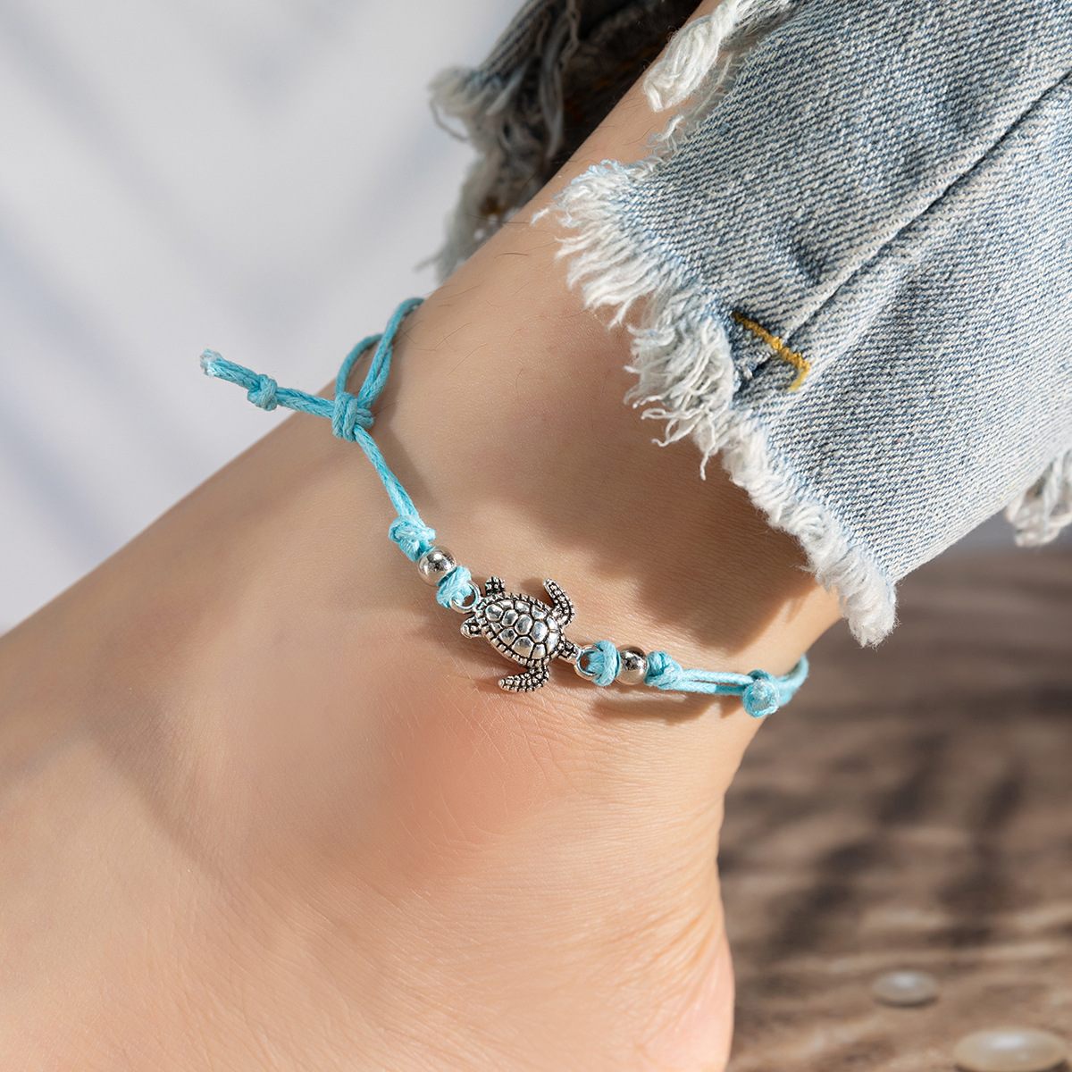 Cross-border Explosive Bracelet Jewelry Women's Beach Ancient Silver Three-color Turtle Wax Rope Woven Foot Ornaments Fashion Turtle Foot Chain