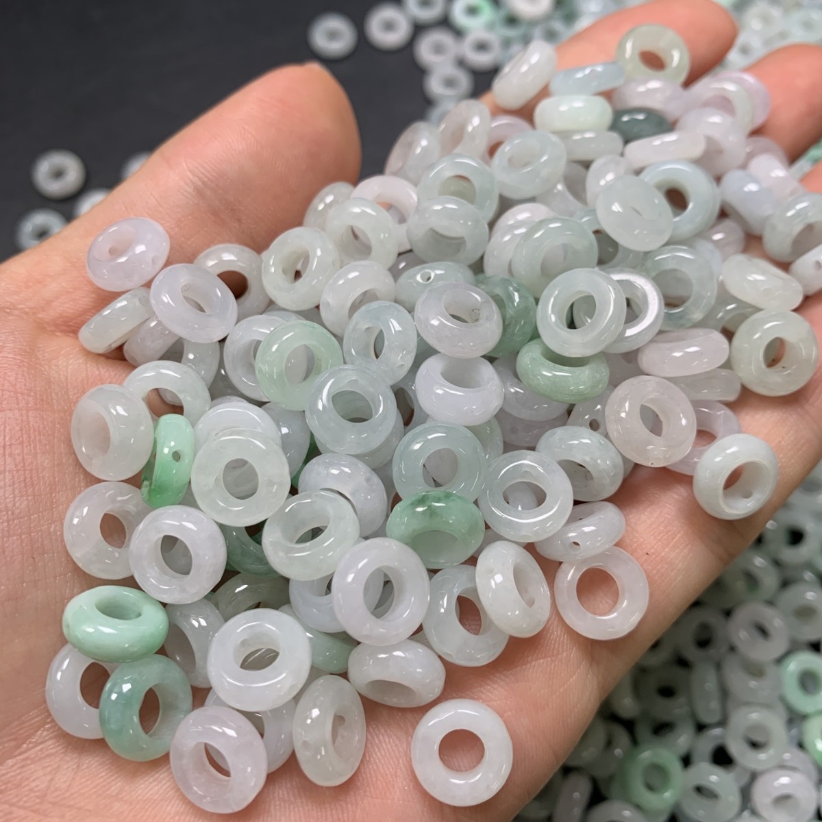 Natural Burmese jadeite A goods jade ring ice three-color small jade ring straight hole running ring jade woven jewelry accessories