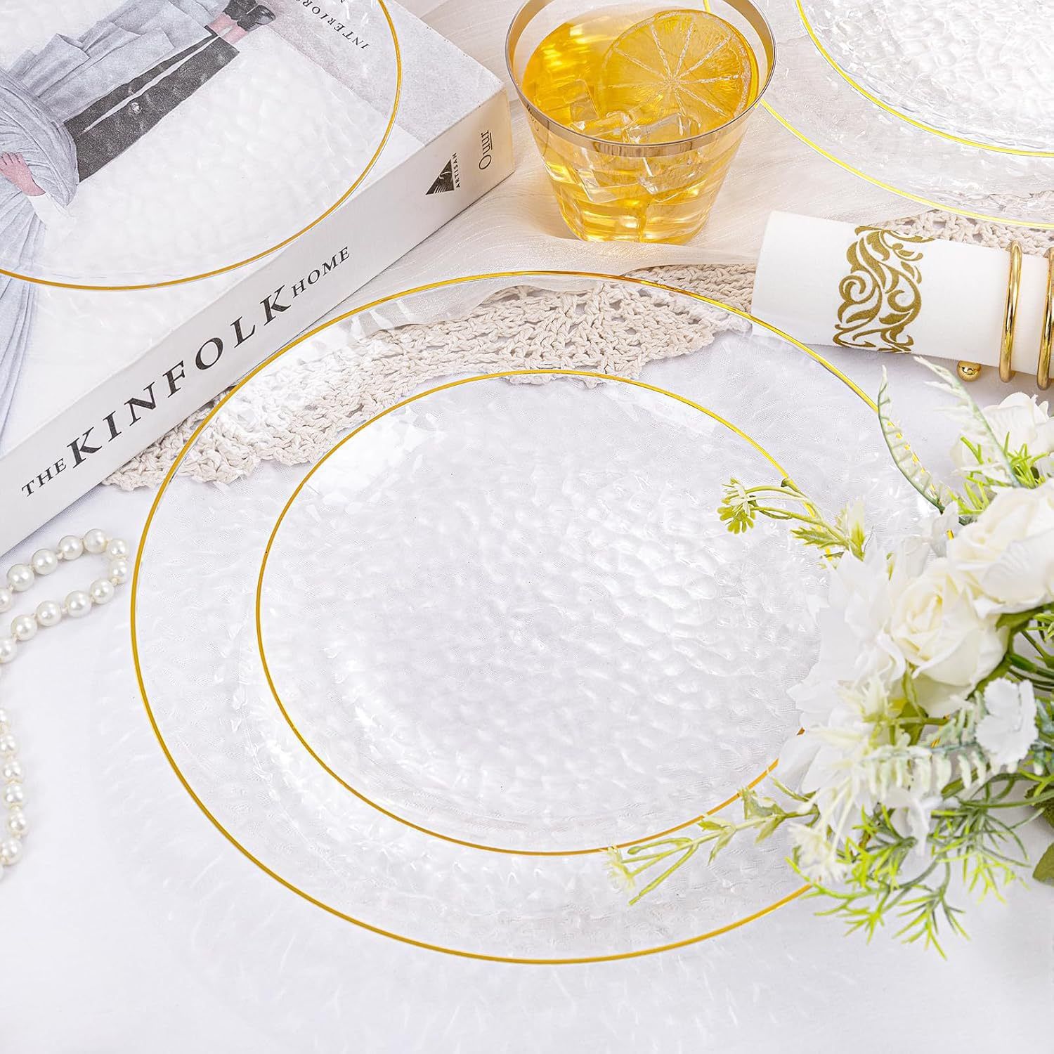 Cross-Border Supply of Plastic Disposable Tableware, Transparent Gold Plate, Hot Stamping Edge Stone Pattern, Transparent Plastic Plate Manufacturer Ready Stock