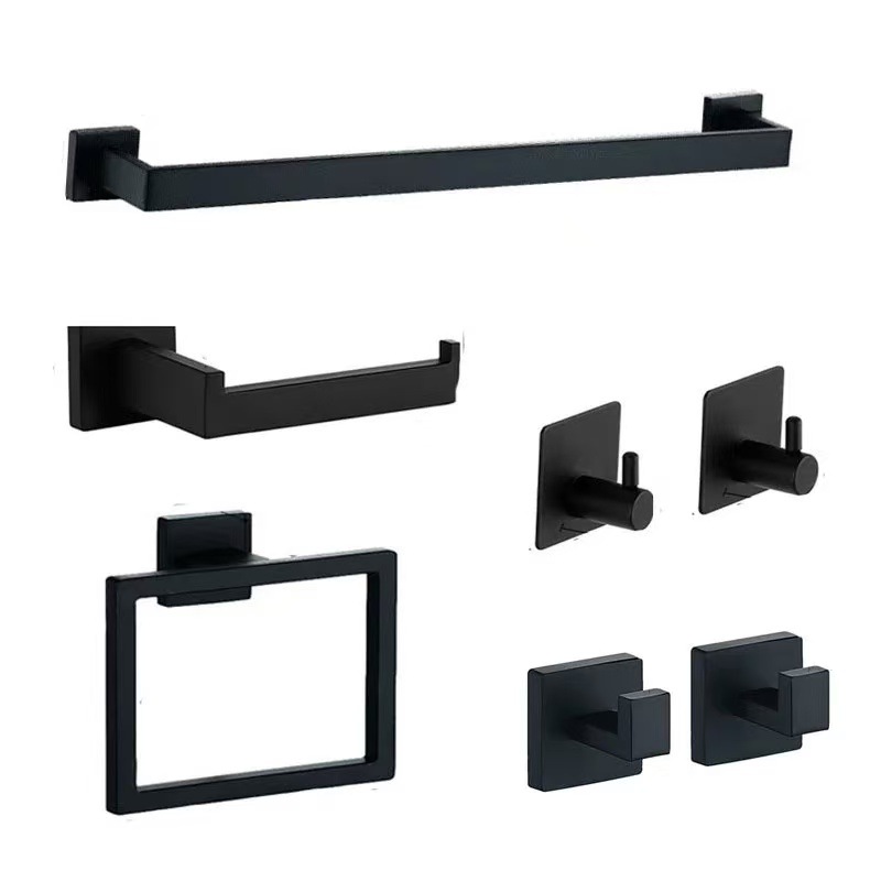 Cross-Border Stainless Steel Towel Bar Set Black Bathroom Wall-Mounted Paper Towel Holder Hook Bathroom Hardware Pendant Single Rod