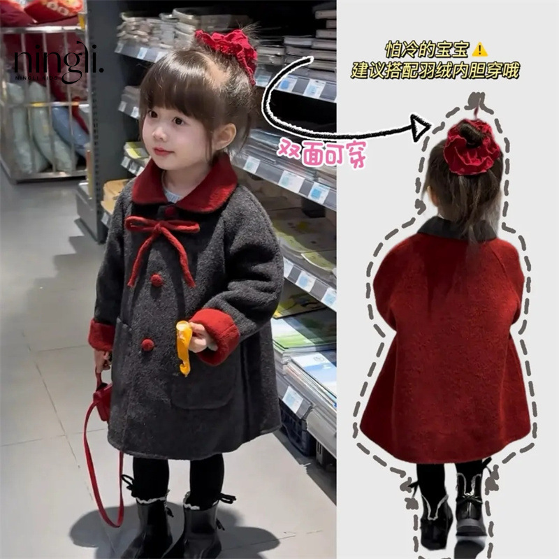 Ningli Baby Girl 2025 Autumn/Winter New Style Elegant Little Chanel Red and Gray Woolen Coat Korean Version Versatile Outerwear