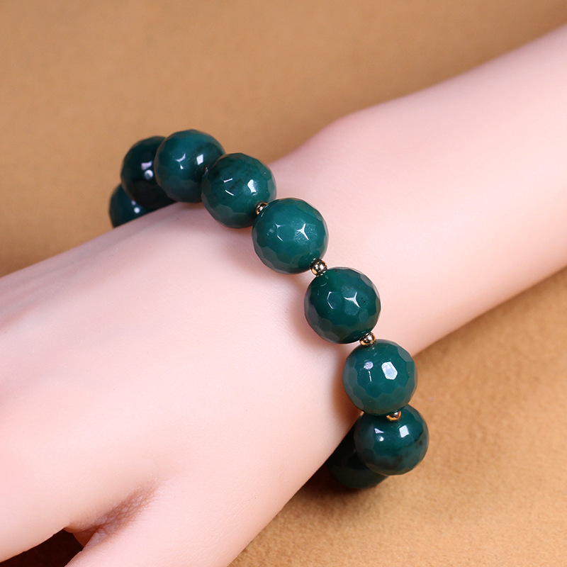 5A Grade Natural Raw Mineral Green Agate Chalcedony Multi-Faceted Agate Bracelet Buddha Beads Round Bead Single Circle Bracelet 14mm