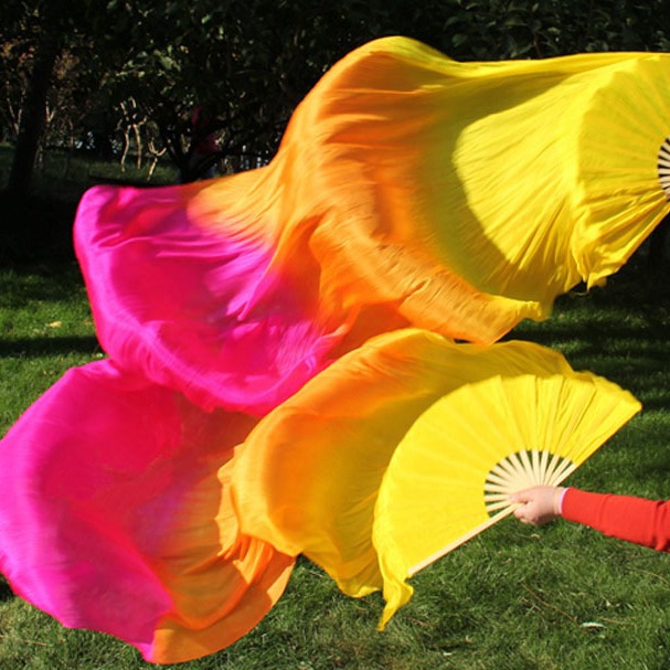 Шелковый веер для танца живота двойной веер удлиненный трехцветный длинный шелковый веер