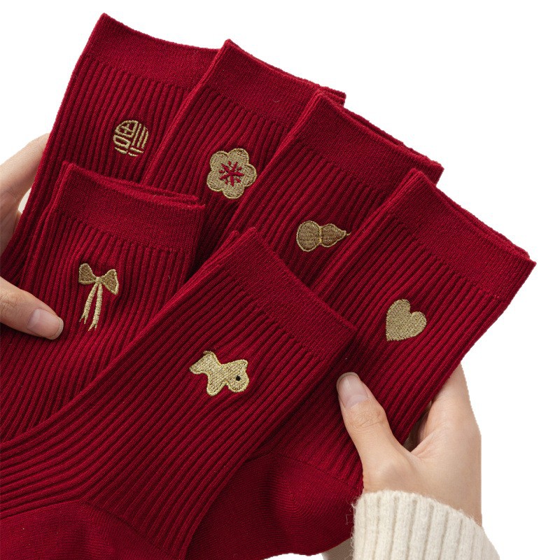 Year of the Horse Big Red Zodiac Year Socks for Men and Women Pure Cotton Double-Needle Mid-Calf Socks New Year 2026 Year of the Horse Autumn and Winter Pile Socks