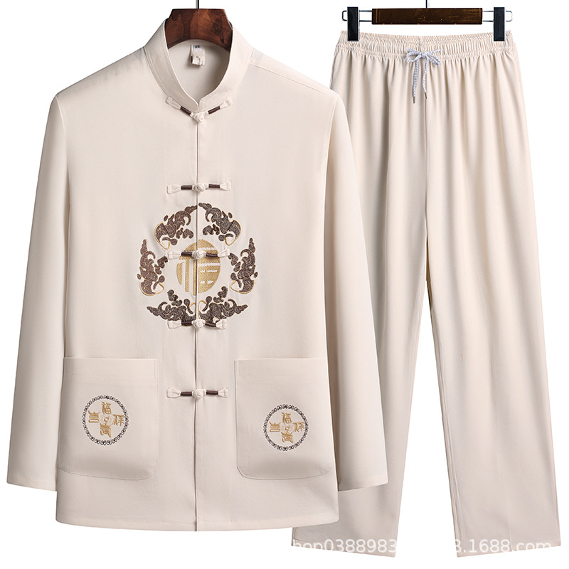 Long-sleeved Tang Suit Men's Spring and Autumn Men's Long-sleeved Shirt Middle-aged Grandpa's Tang Suit suit Hanfu Morning Exercise suit Men's